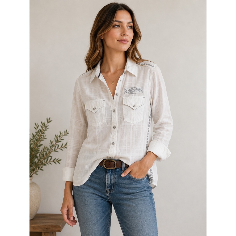 Affliction Black Premium Womens White Plaid Embroidered Button Down Shirt S